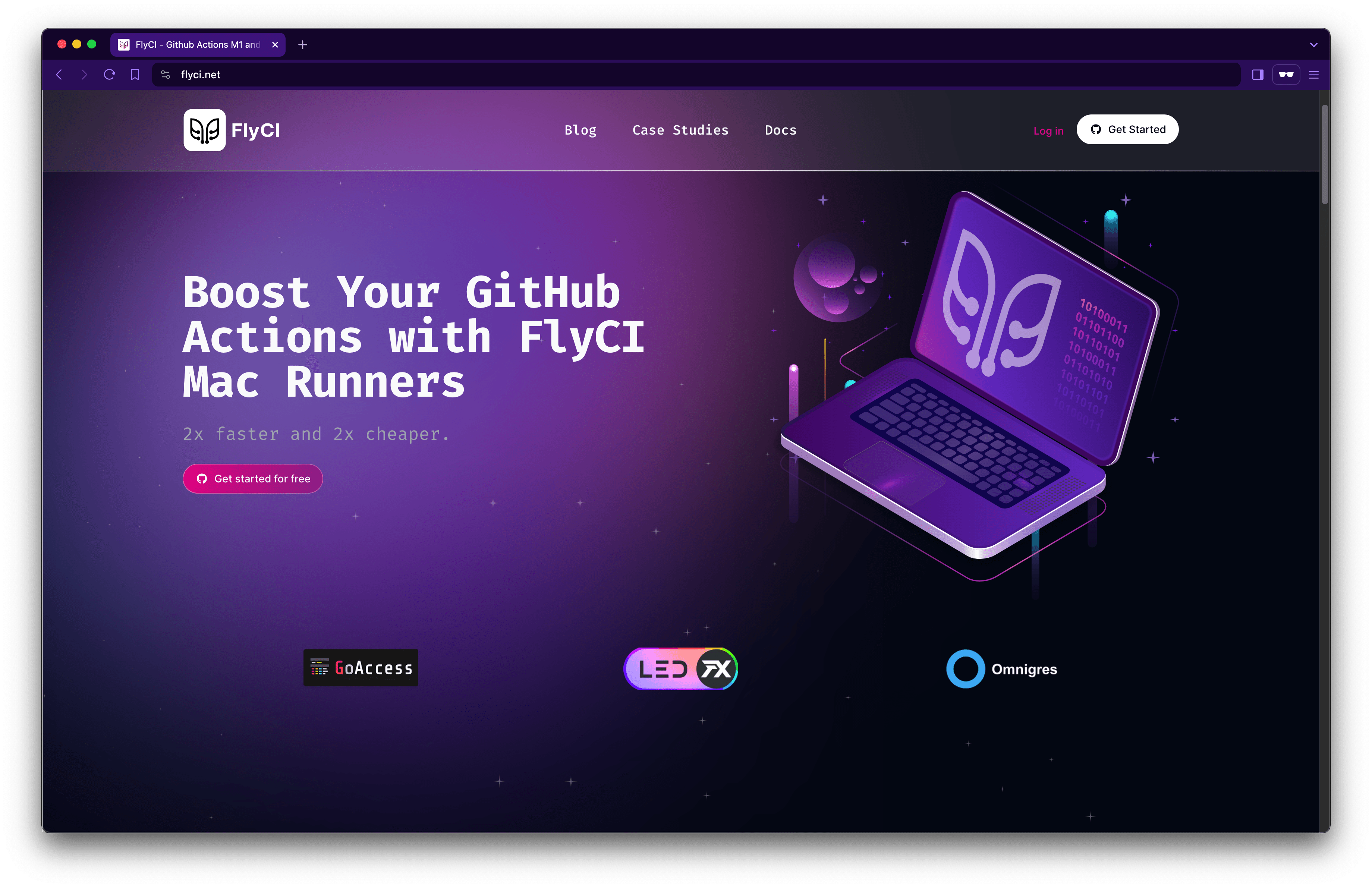 The FlyCI website homepage with a headline "Boost Your GitHub Actions with FlyCI Mac Runners", claiming increased speed and cost efficiency. It features a graphic of a laptop displaying the FlyCI logo and binary code, in a purple and blue color scheme. Partner logos and navigation options are also visible.