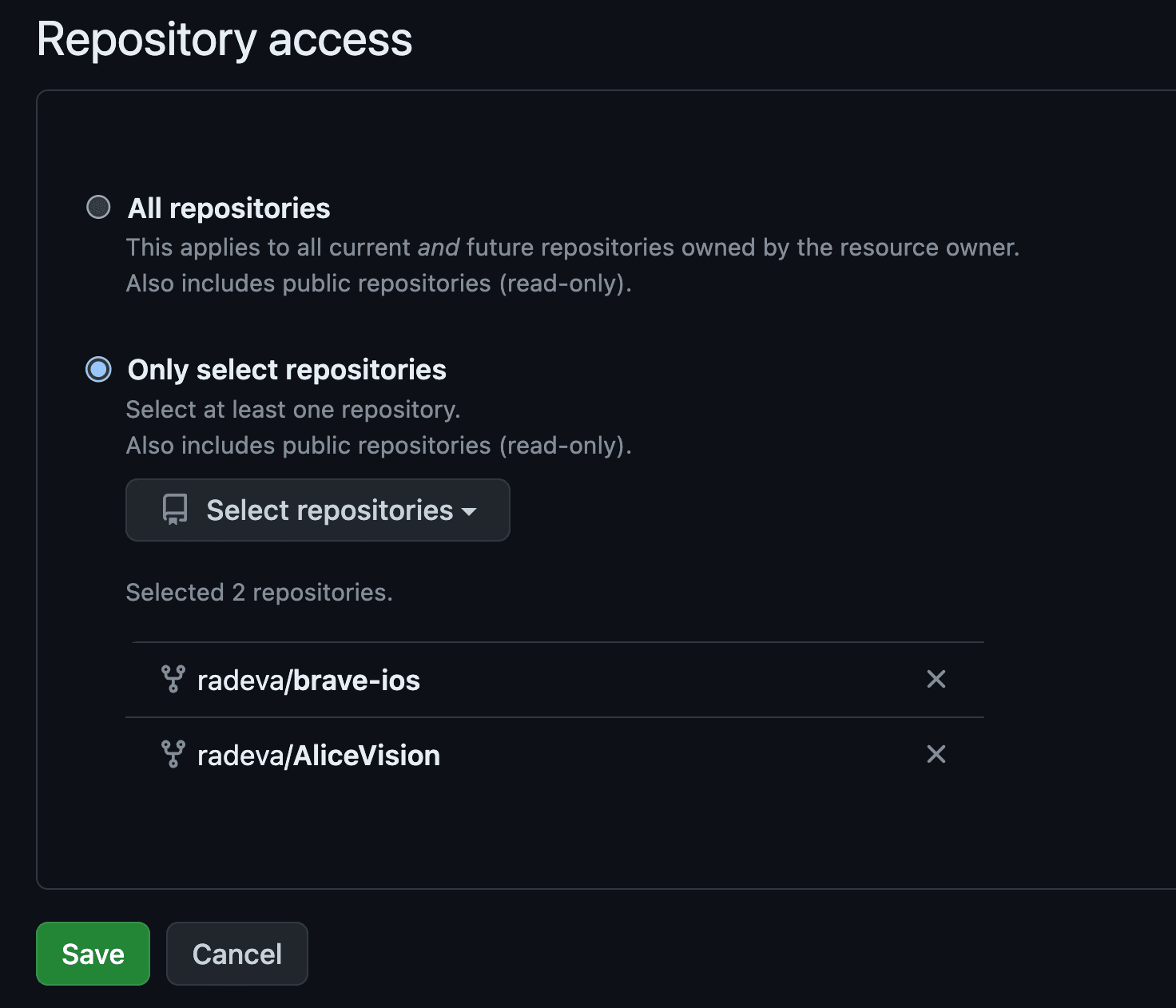 Selecting repositories that FlyCI app will have access to